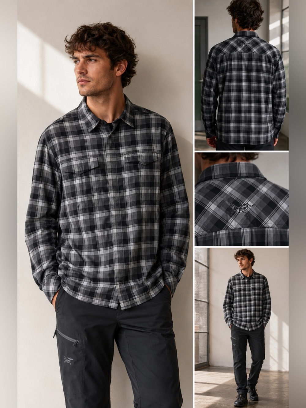 Arc’teryx Gryson Plaid Button-Up Shirt Men’s L Gray Black Outdoor Hiking Tech